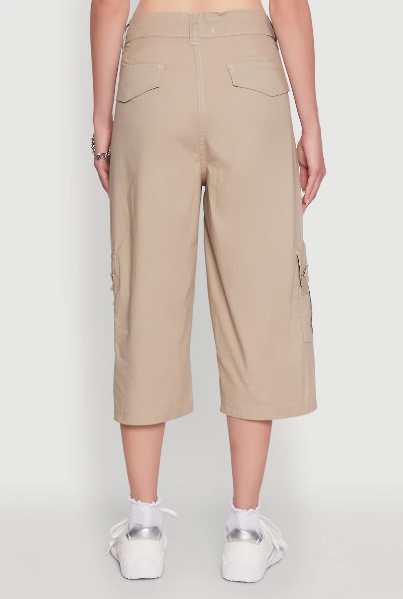 Womens Wide Leg Cargo Pocket Capris Pants, Khaki, Size S