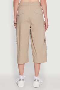 Womens Wide Leg Cargo Pocket Capris Pants, Khaki, Size S