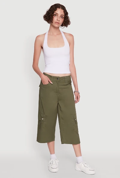 Womens Wide Leg Cargo Pocket Capris Pants,