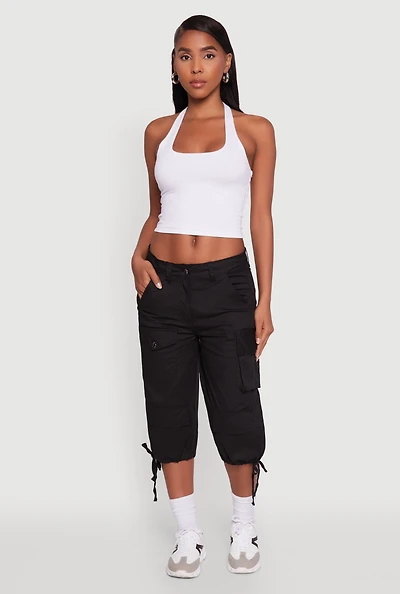 Womens Trendy Cargo Pocket Drawstring Hem Capris Pants,
