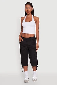 Womens Trendy Cargo Pocket Drawstring Hem Capris Pants,