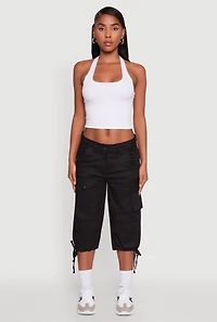Womens Trendy Cargo Pocket Drawstring Hem Capris Pants,