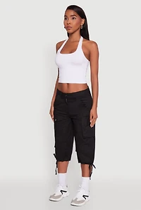 Womens Trendy Cargo Pocket Drawstring Hem Capris Pants,