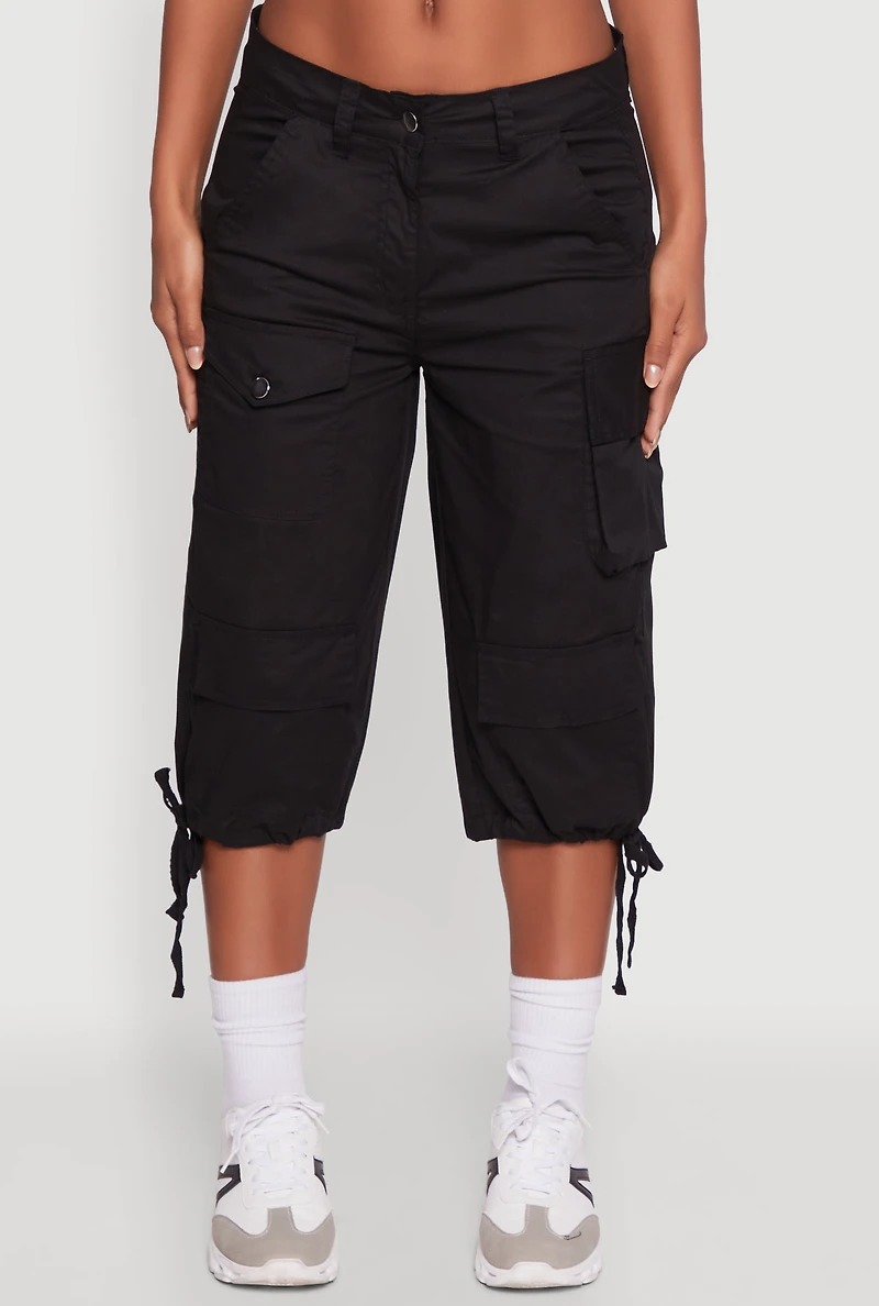 Womens Trendy Cargo Pocket Drawstring Hem Capris Pants,