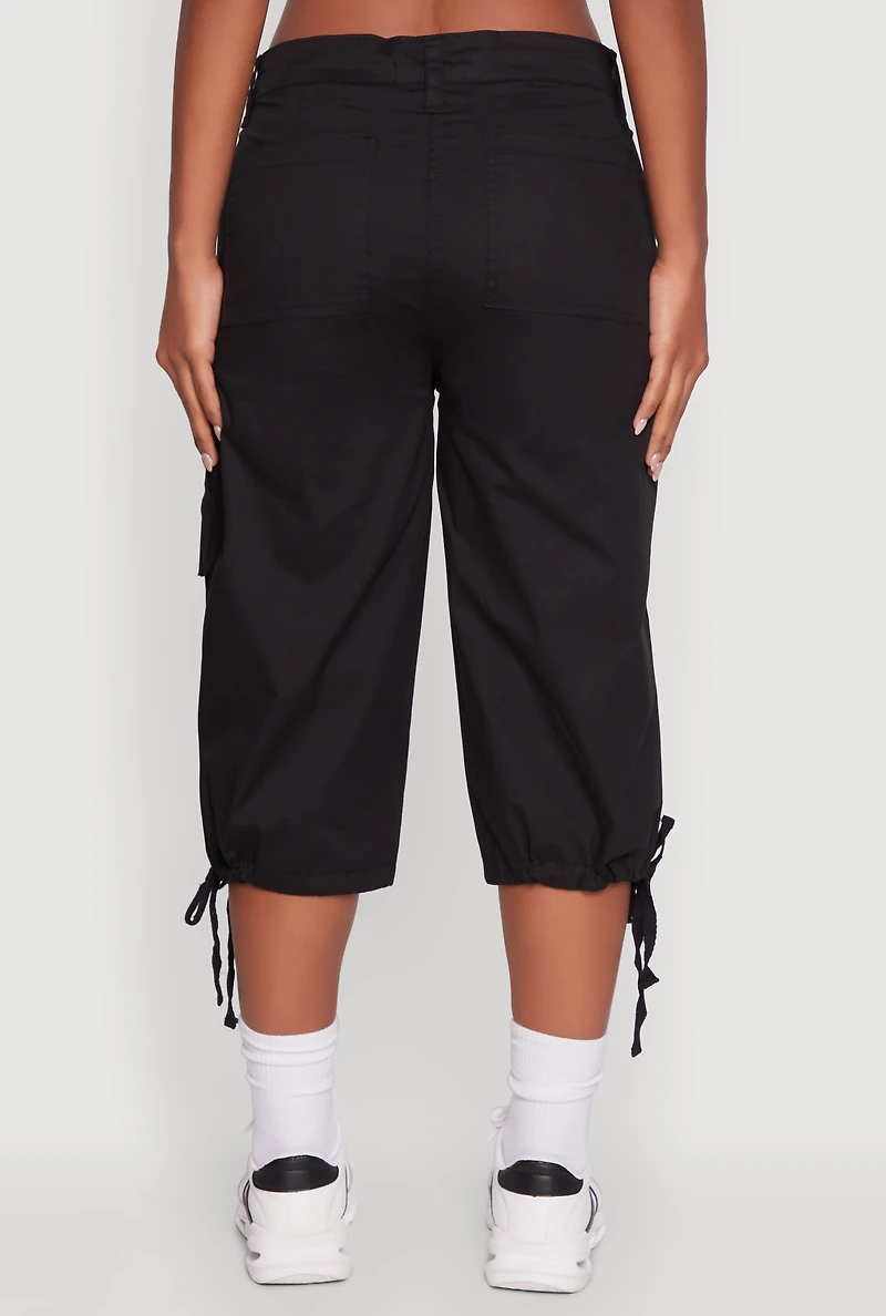 Womens Trendy Cargo Pocket Drawstring Hem Capris Pants,