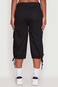 Womens Trendy Cargo Pocket Drawstring Hem Capris Pants,