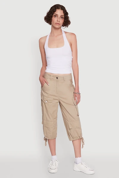 Womens Trendy Cargo Pocket Drawstring Hem Capris Pants, Khaki, Size M