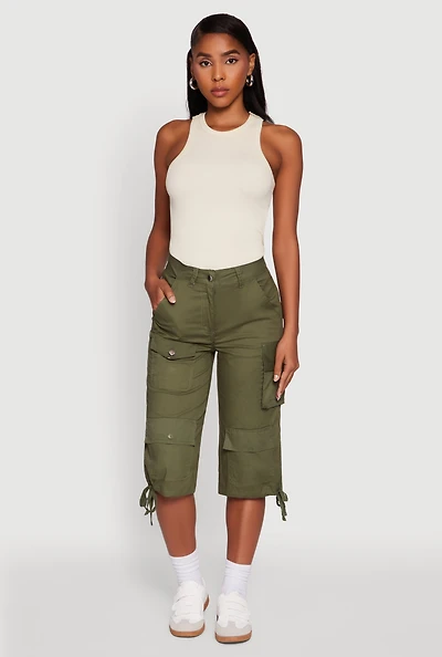 Womens Trendy Cargo Pocket Drawstring Hem Capris Pants,