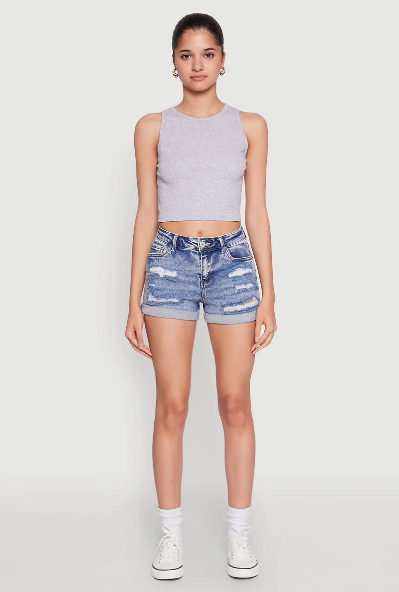 Womens WAX Distressed Fixed Cuff Denim Shorts, Blue, Size S