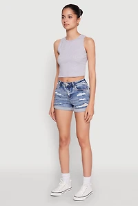 Womens WAX Distressed Fixed Cuff Denim Shorts, Blue, Size S