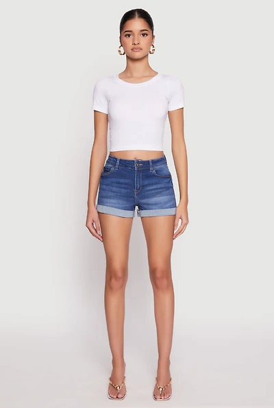 Womens WAX Fixed Cuff High Waist Denim Shorts, Blue, Size M