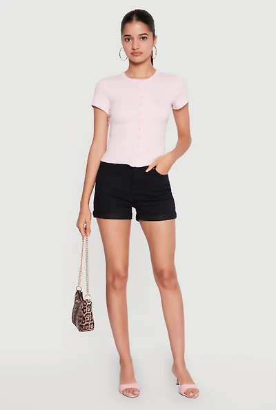 WAX High Waisted Twill Solid Fixed Cuffed Shorts