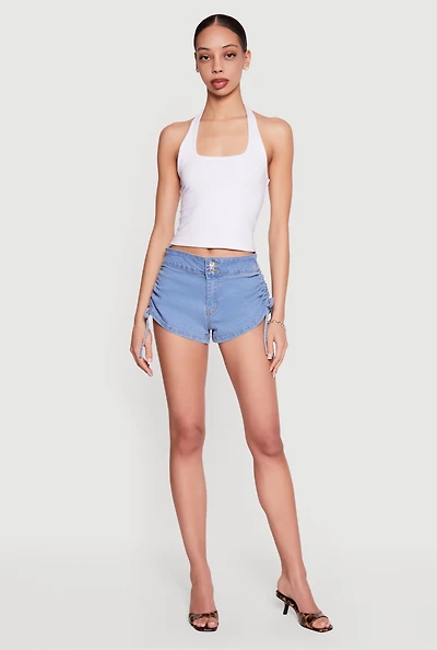 Denim Ruched Drawstring Side Shorts