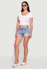 Belted Front Detail Whiskered Denim Shorts