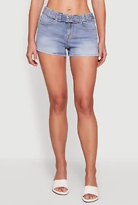 Belted Front Detail Whiskered Denim Shorts