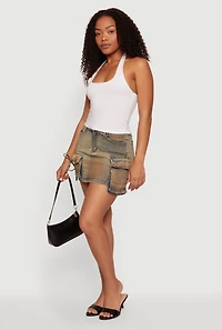 Acid Wash Denim High Waisted Cargo Mini Skirt