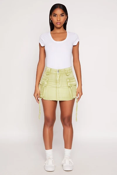 Womens Daisy Acid Wash Denim Mini Cargo Skirt, Green, Size L