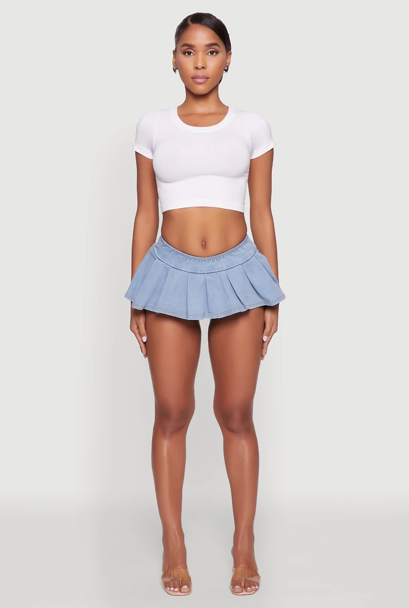 Denim Pleated Micro Skirt with Shorts Lining