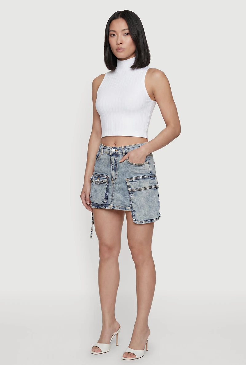 Acid Wash Denim Mini Utility Skirt