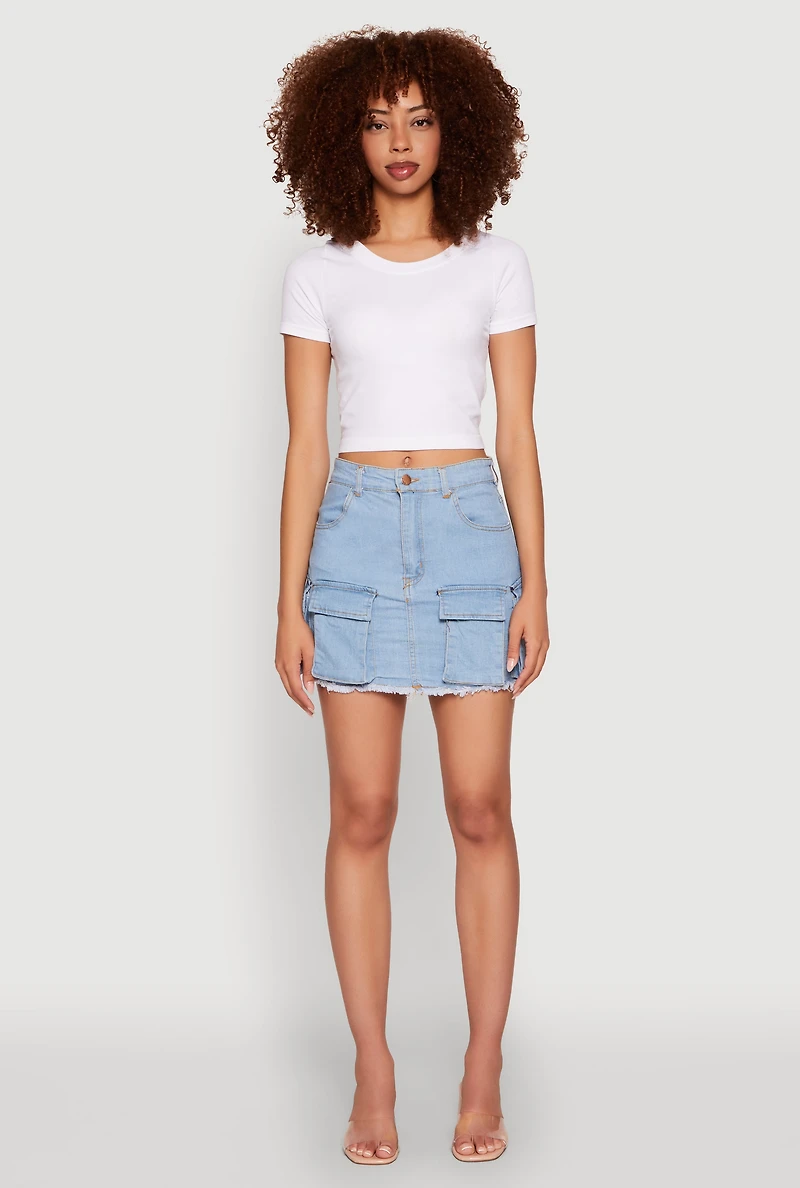 Womens Daisy Frayed Hem Denim Cargo Skirt, Blue,