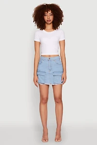 Womens Daisy Frayed Hem Denim Cargo Skirt, Blue,