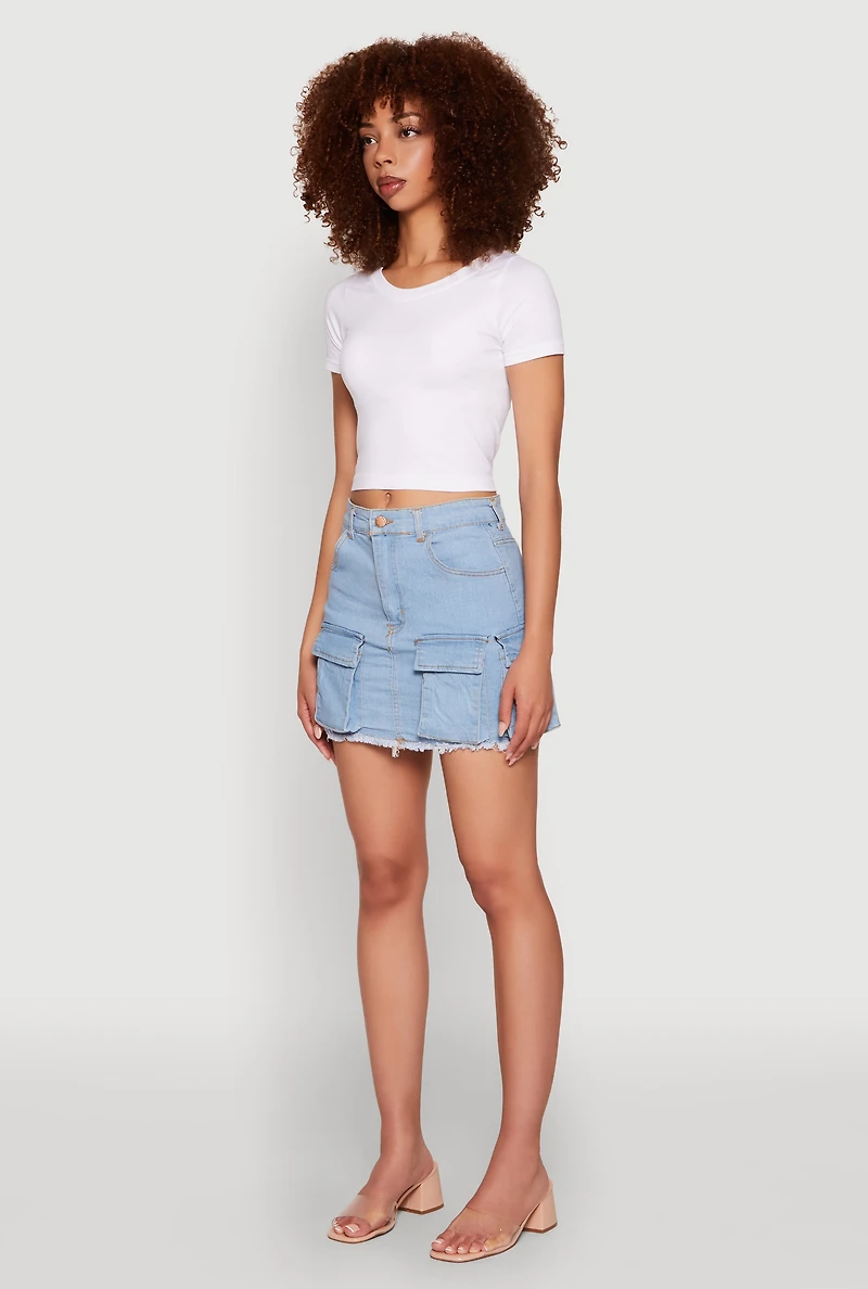 Womens Daisy Frayed Hem Denim Cargo Skirt, Blue,