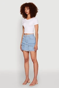 Womens Daisy Frayed Hem Denim Cargo Skirt, Blue,