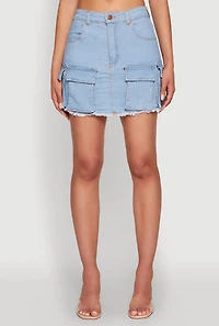 Womens Daisy Frayed Hem Denim Cargo Skirt, Blue,