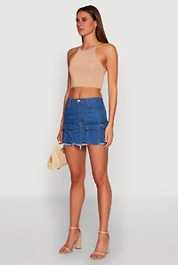 Womens Daisy Frayed Hem Denim Cargo Skirt, Blue, Size S