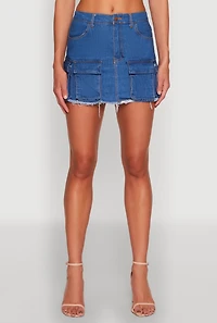 Womens Daisy Frayed Hem Denim Cargo Skirt, Blue, Size S
