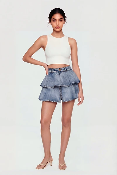 Denim Ruffle Tiered Skort