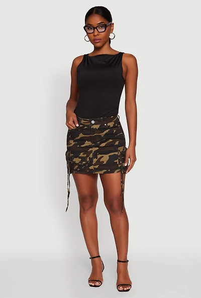 Womens Camouflage Mini Skirt with Cargo Pockets, Green,
