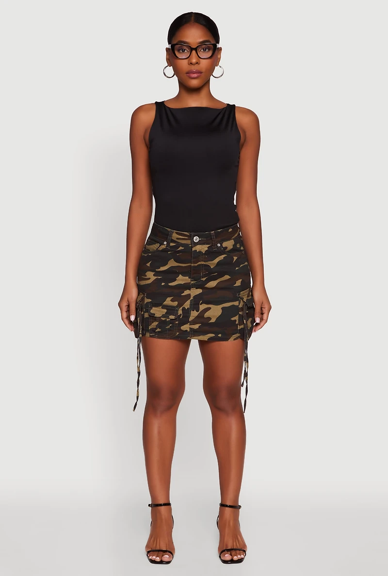Womens Camouflage Mini Skirt with Cargo Pockets, Green,