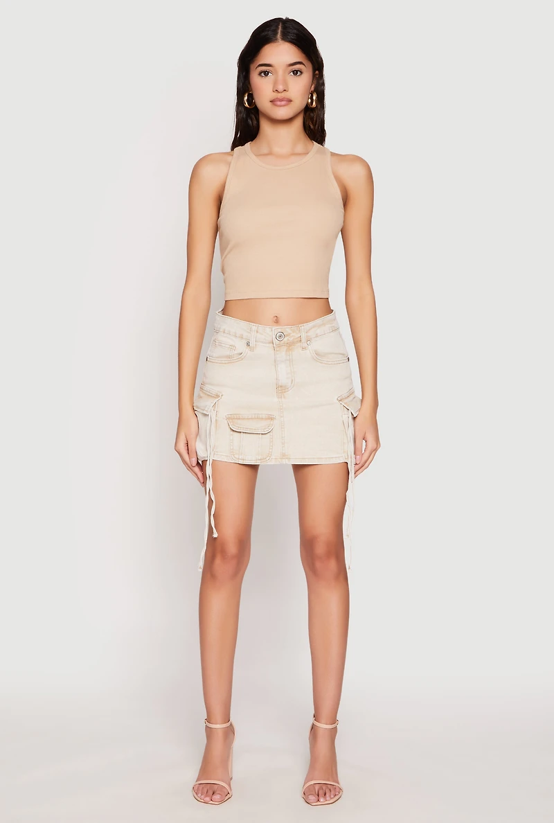 Womens VIP Acid Wash Denim Cargo Skirt, Khaki, Size S