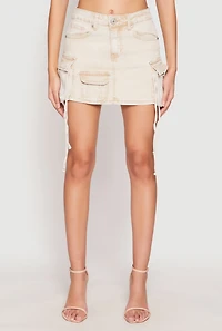 Womens VIP Acid Wash Denim Cargo Skirt, Khaki, Size S
