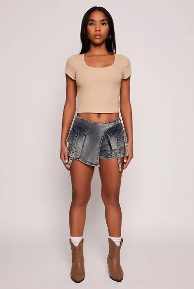 Womens VIP Denim Asymmetrical Wrap Front Cargo Skort, Blue, Size S