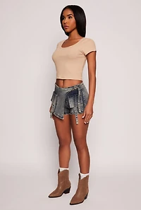 Womens VIP Denim Asymmetrical Wrap Front Cargo Skort, Blue,