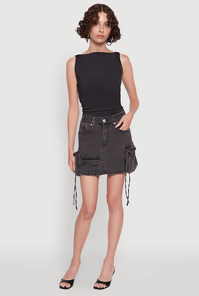 Womens Trendy Mid Rise Mini Denim Skirt with Cargo Pockets, Grey, Size M