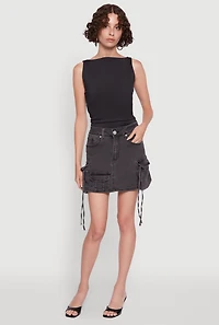 Womens Trendy Mid Rise Mini Denim Skirt with Cargo Pockets, Grey, Size M
