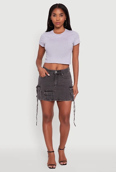 Womens Trendy Mid Rise Mini Denim Skirt with Cargo Pockets, Grey, Size S