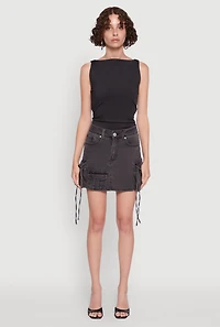 Womens Trendy Mid Rise Mini Denim Skirt with Cargo Pockets, Grey, Size M