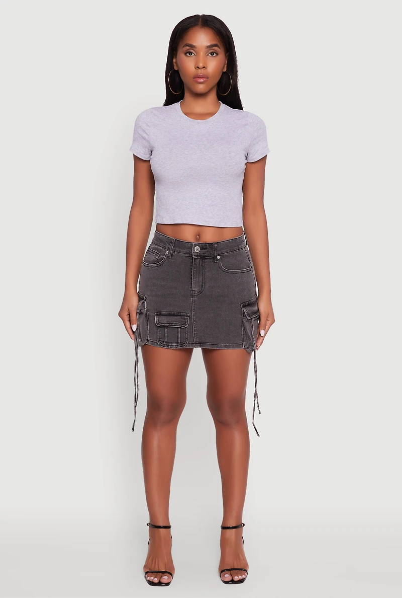 Womens Trendy Mid Rise Mini Denim Skirt with Cargo Pockets, Grey,