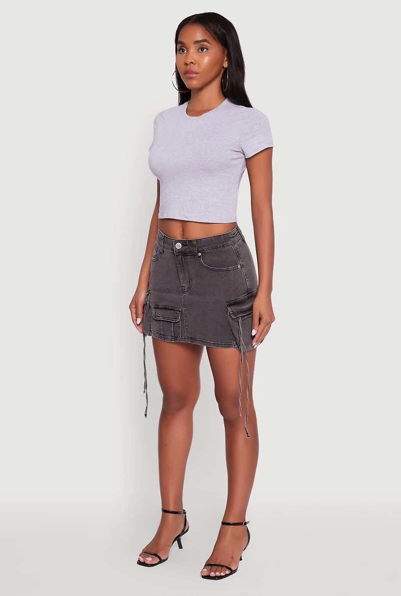 Womens Trendy Mid Rise Mini Denim Skirt with Cargo Pockets, Grey, Size L