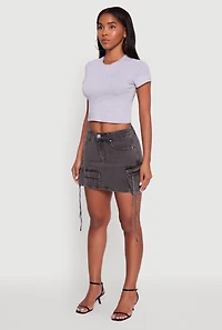 Womens Trendy Mid Rise Mini Denim Skirt with Cargo Pockets, Grey, Size L