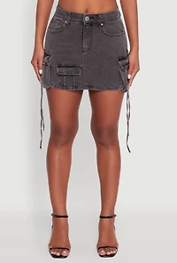 Womens Trendy Mid Rise Mini Denim Skirt with Cargo Pockets, Grey,