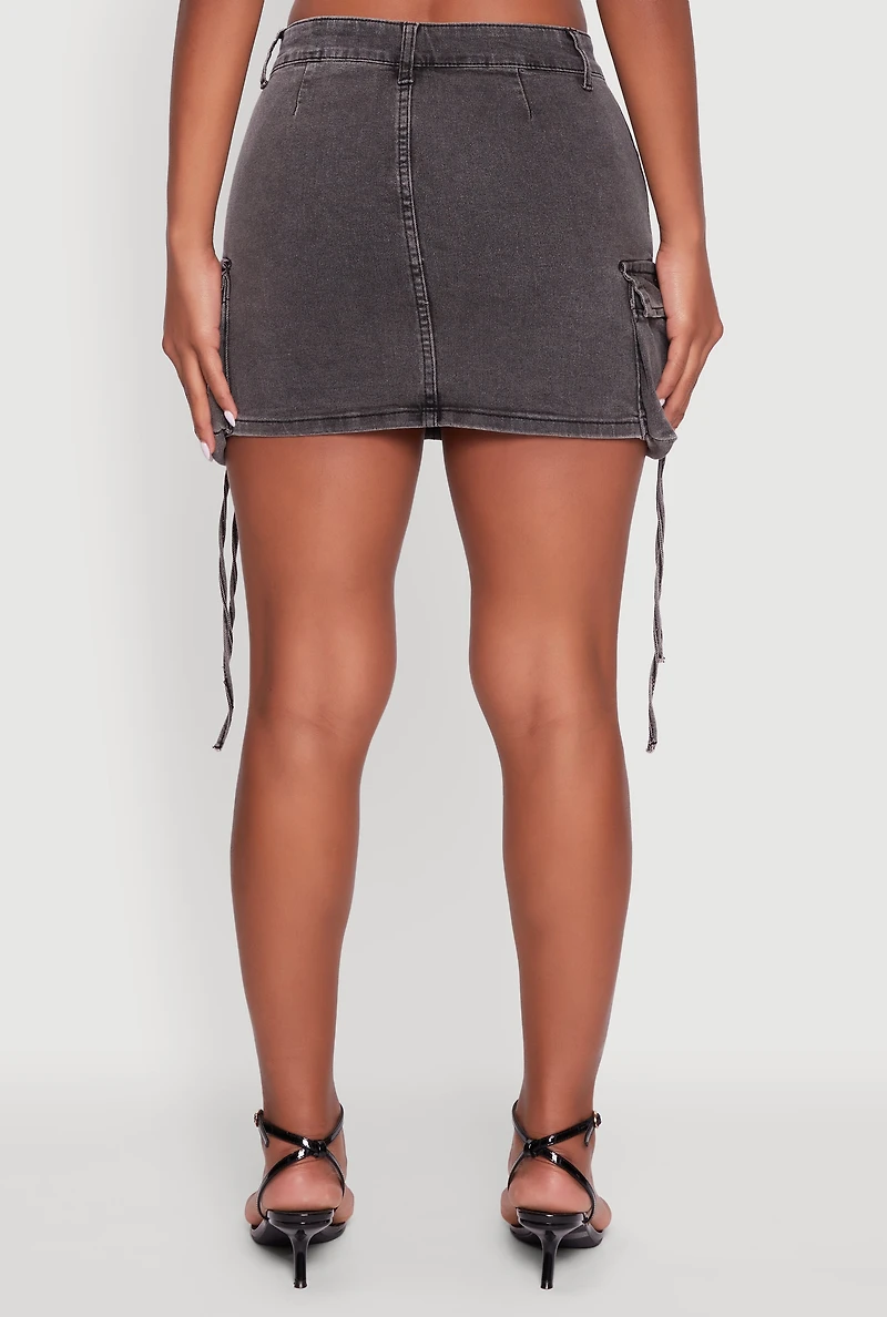 Womens Trendy Mid Rise Mini Denim Skirt with Cargo Pockets, Grey, Size L