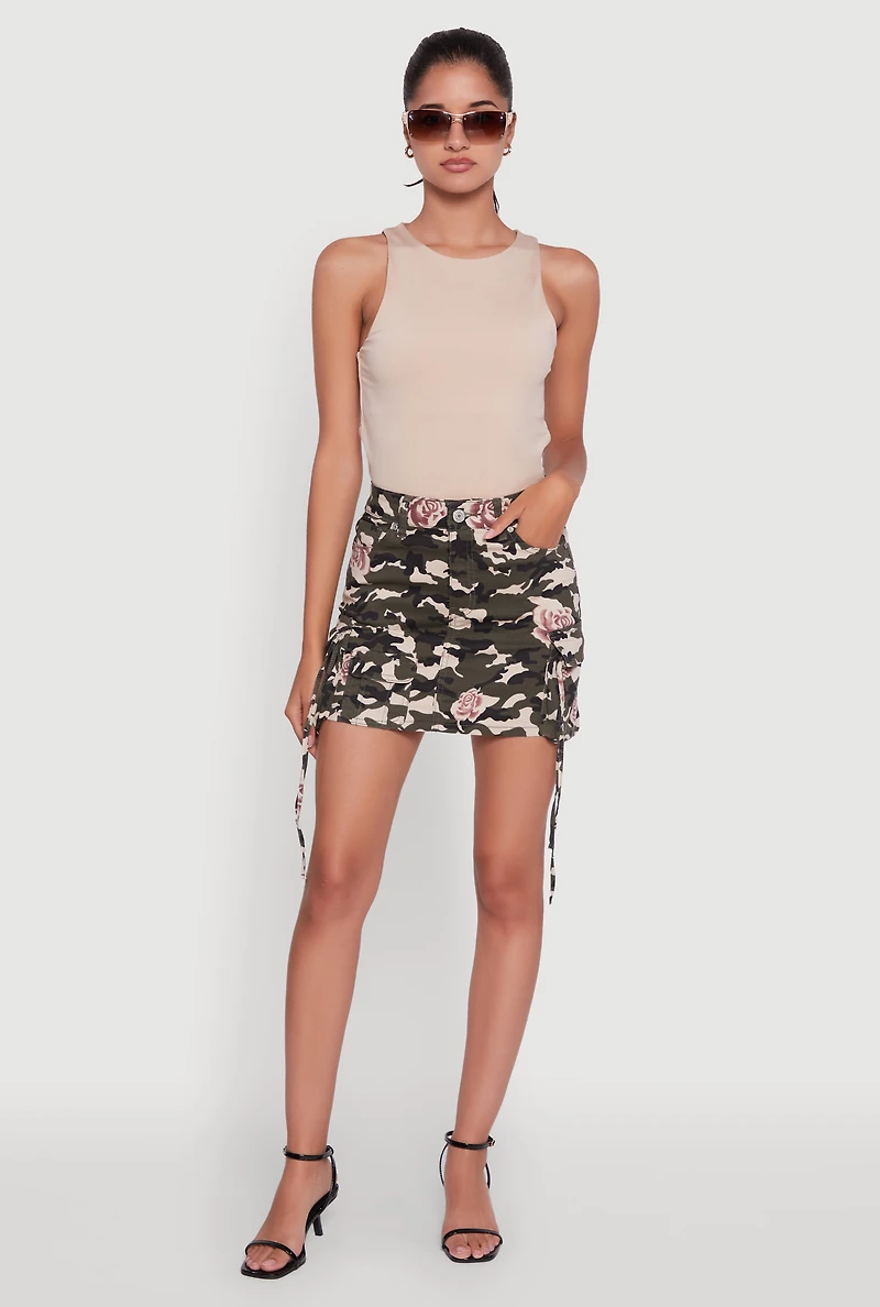 Womens Floral Camouflage Cargo Pocket Mini Skirt, Multi, Size L
