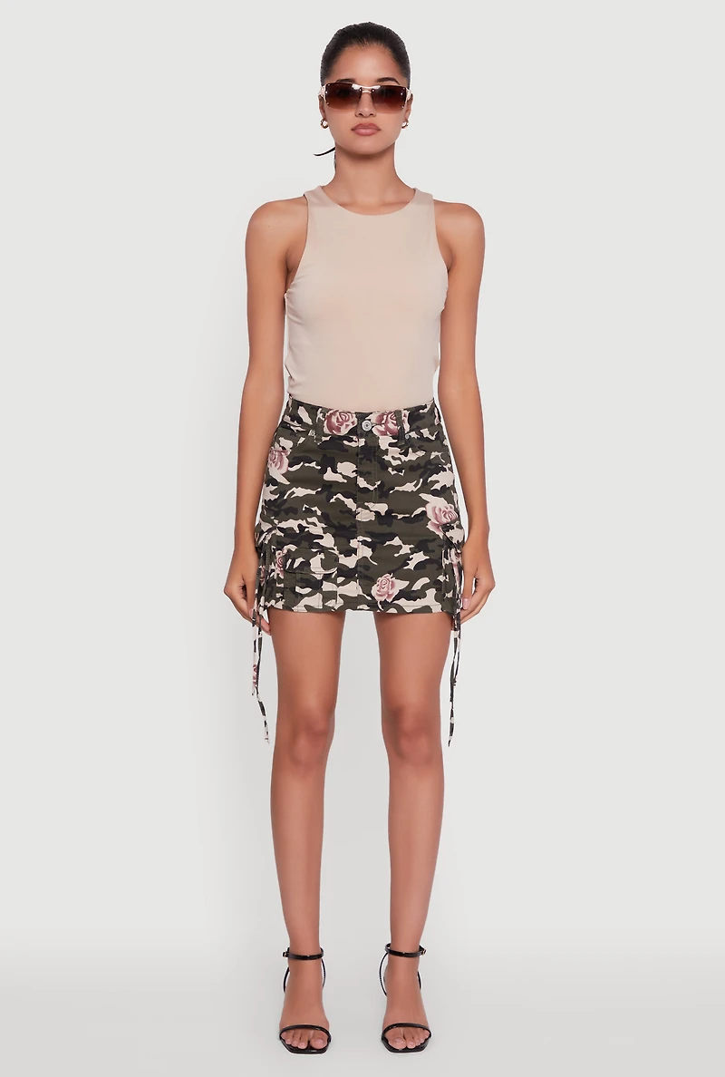 Womens Floral Camouflage Cargo Pocket Mini Skirt, Multi, Size L