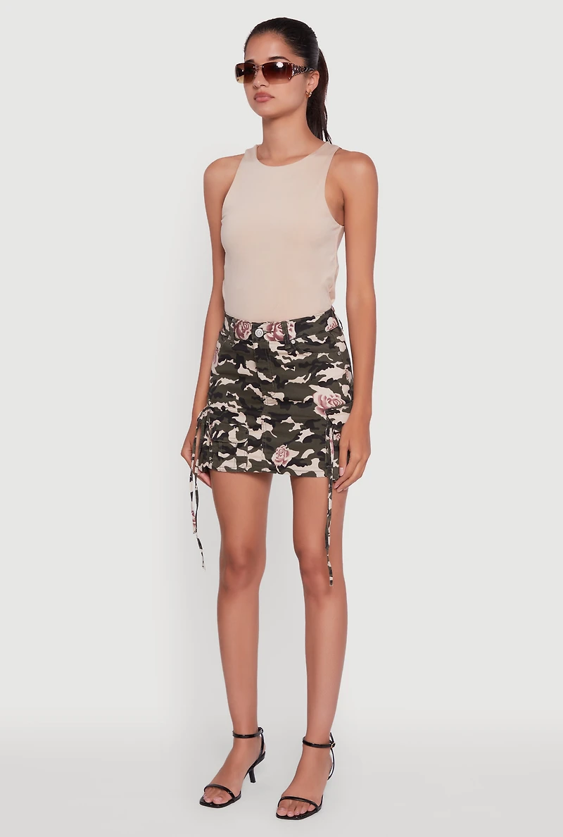Womens Floral Camouflage Cargo Pocket Mini Skirt, Multi, Size M