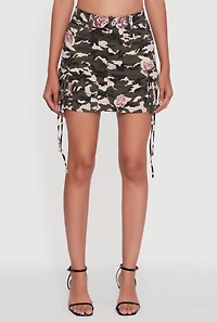 Womens Floral Camouflage Cargo Pocket Mini Skirt, Multi, Size L